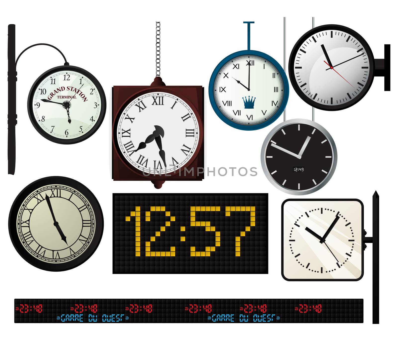 Train, metro station, watches collection over white background