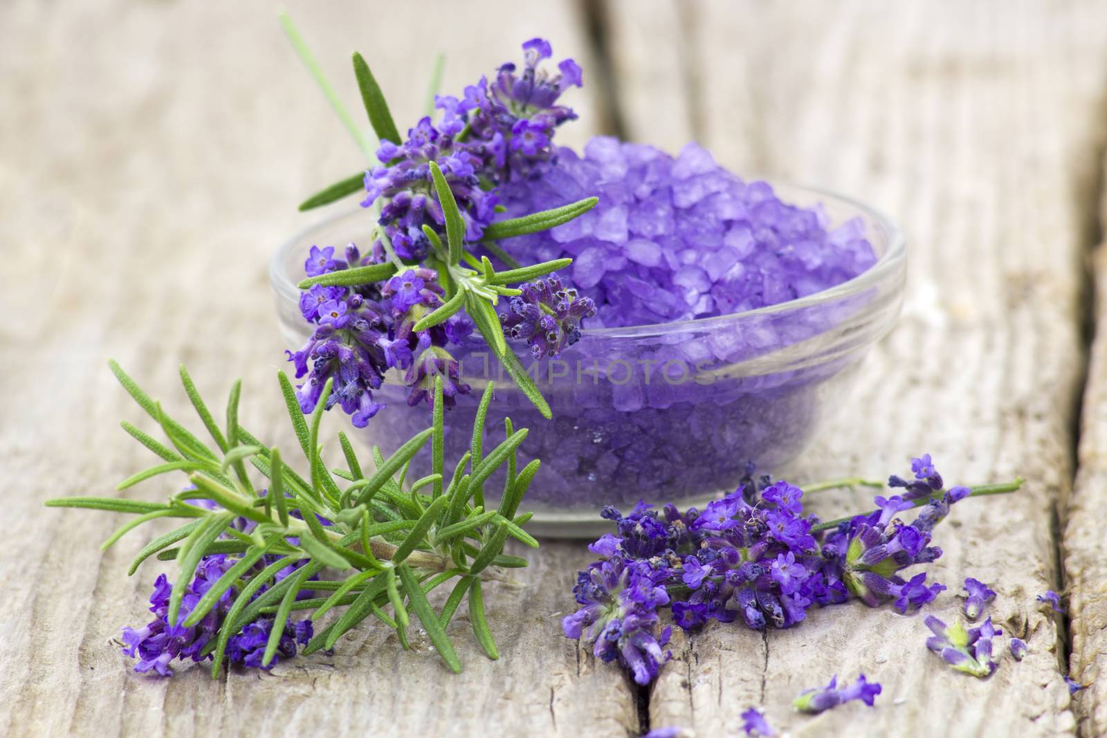 bath salt, lavender flowers and rosemary