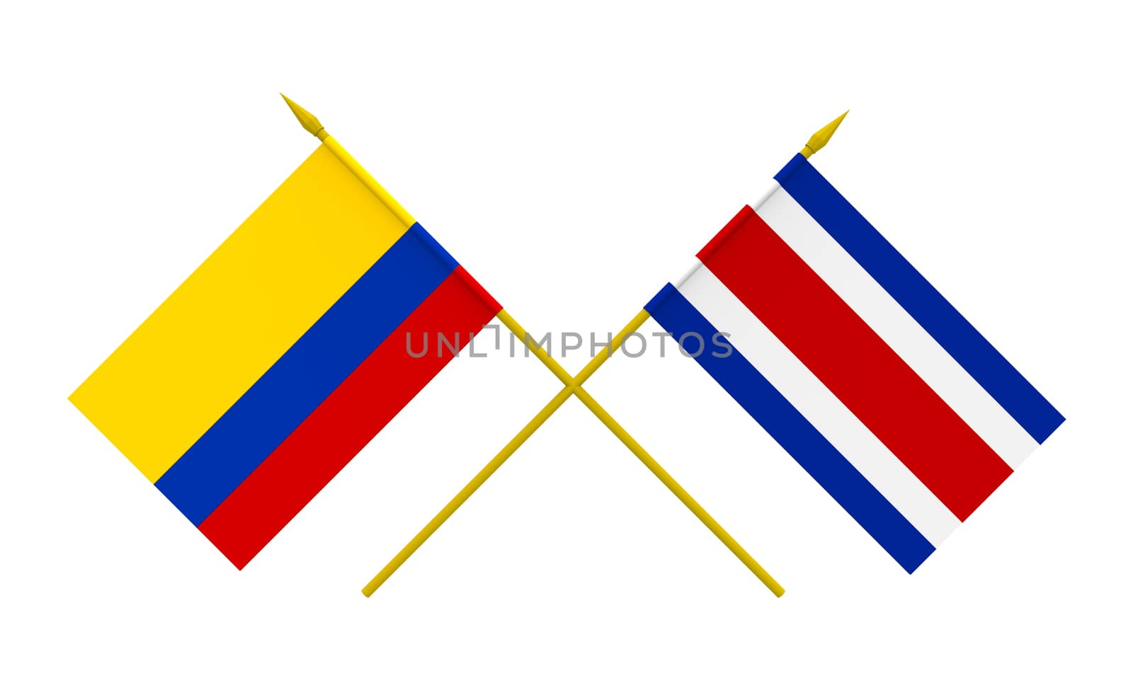 Flags of Colombia and Costa Rica, 3d render, isolated