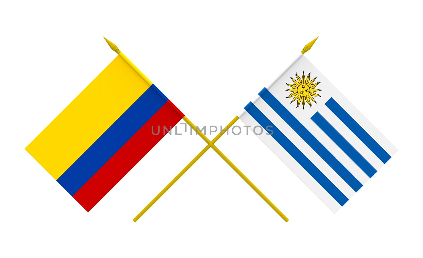 Flags of Colombia and Uruguay, 3d render, isolated