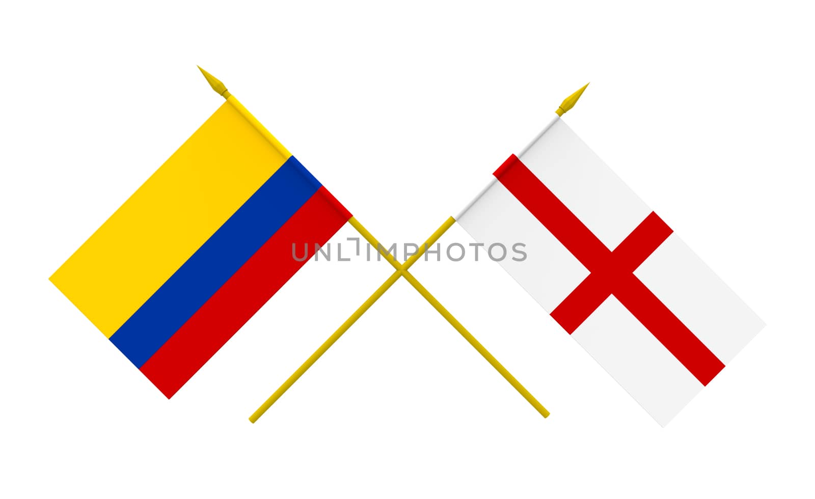 Flags of Colombia and England, 3d render, isolated