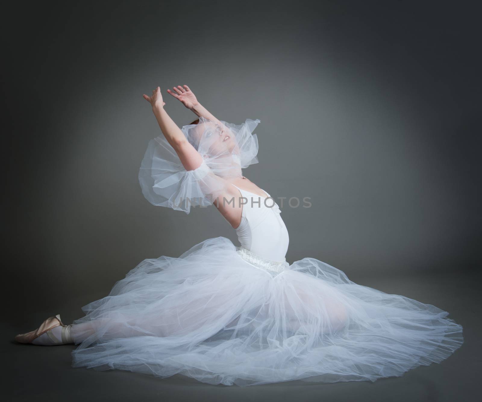 dancer in the white tutu dancing on a grey background