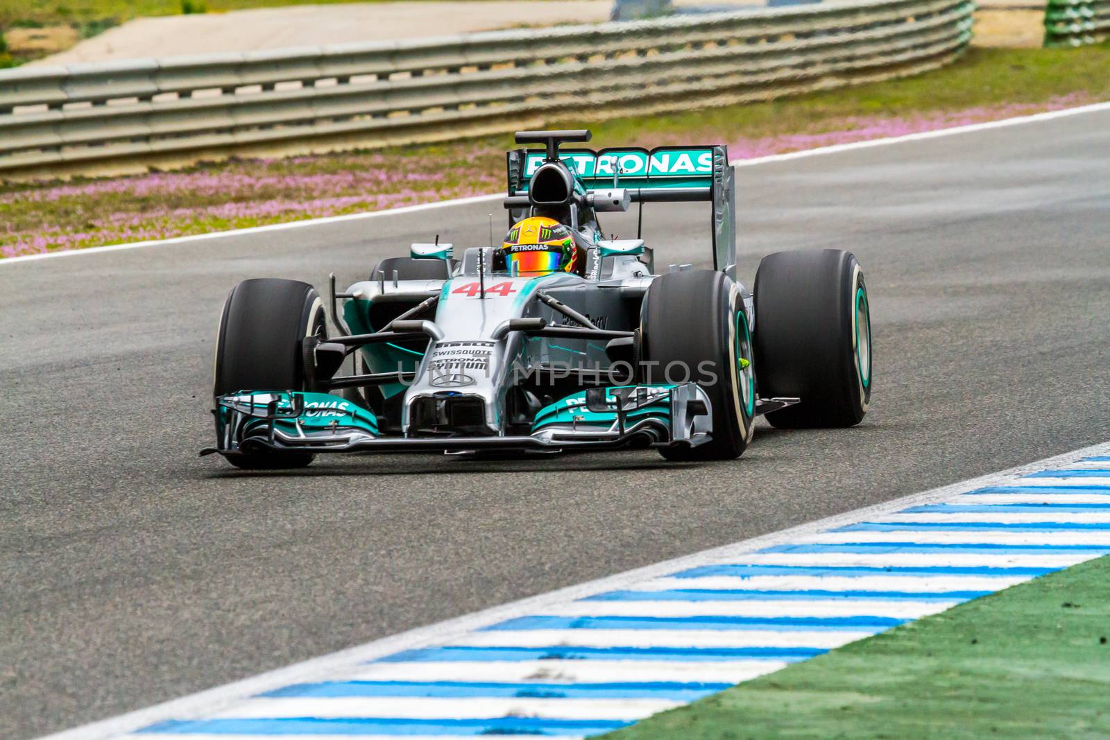 JEREZ DE LA FRONTERA, SPAIN - JAN 31:  Lewis Hamilton of Mercedes F1 races on training session on January 31 , 2014, in Jerez de la Frontera , Spain