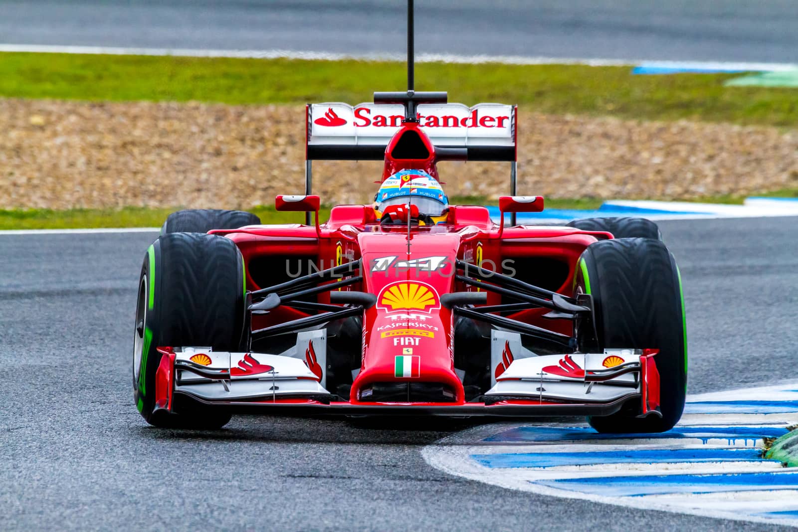 JEREZ DE LA FRONTERA, SPAIN - JAN 31: Fernando Alonso of Scuderia Ferrari F1 races on training session on January 31 , 2014, in Jerez de la Frontera , Spain