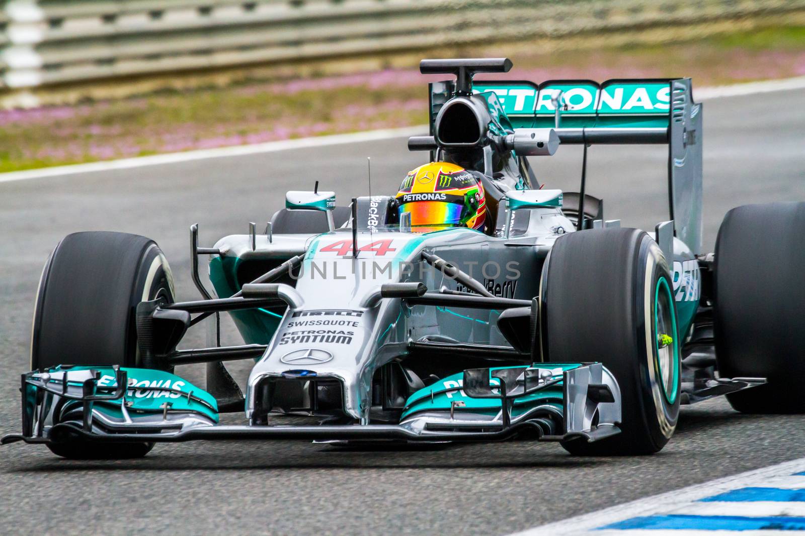JEREZ DE LA FRONTERA, SPAIN - JAN 31:  Lewis Hamilton of Mercedes F1 races on training session on January 31 , 2014, in Jerez de la Frontera , Spain