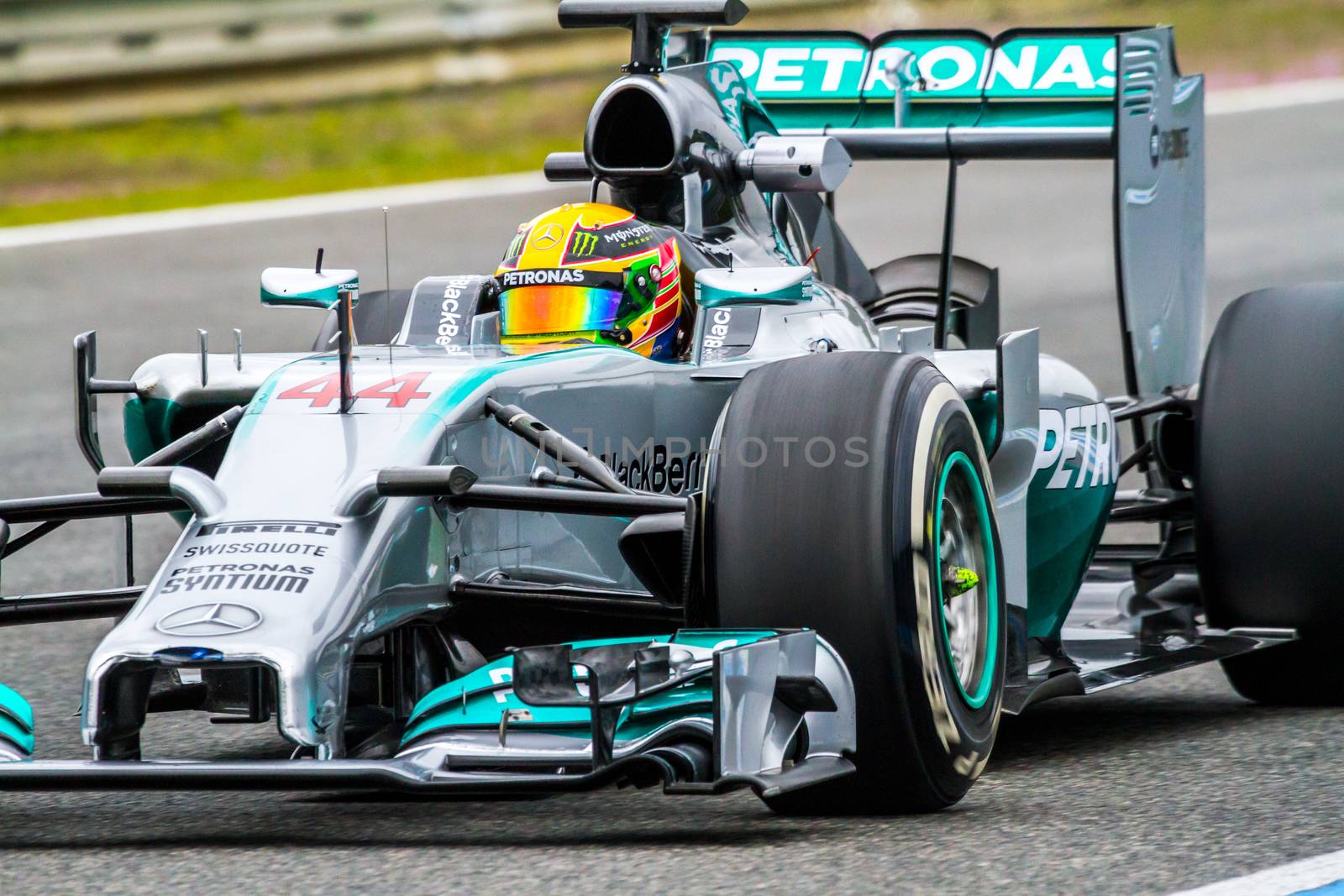 JEREZ DE LA FRONTERA, SPAIN - JAN 31:  Lewis Hamilton of Mercedes F1 races on training session on January 31 , 2014, in Jerez de la Frontera , Spain