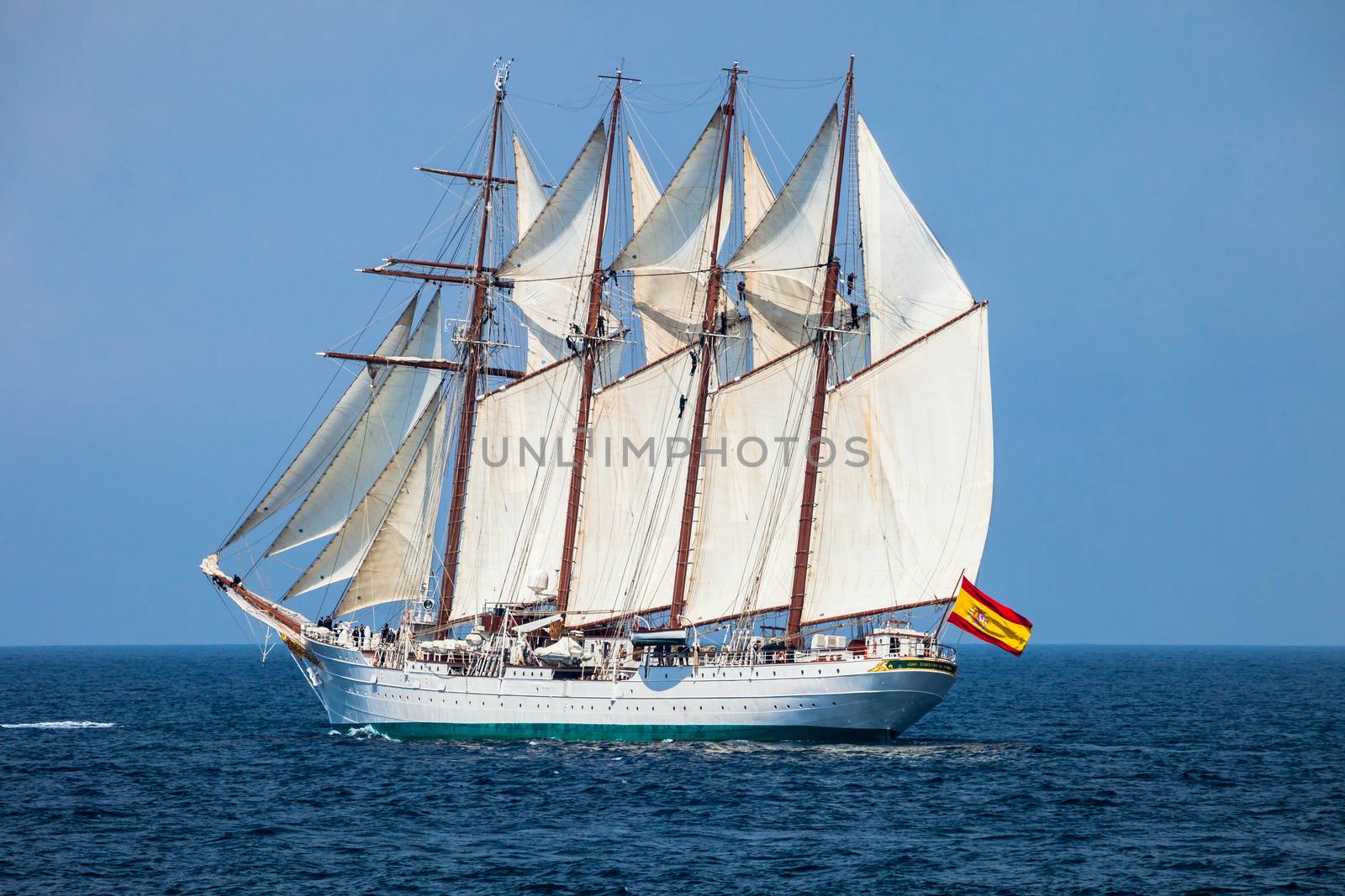 CADIZ, SPAIN - APR 01: Spanish Navy Training Ship, Juan Sebastian de Elcano setting sail on the 83rd cruise of instruction with 69 midshipmen on April 01 , 2012, in Cadiz , Spain