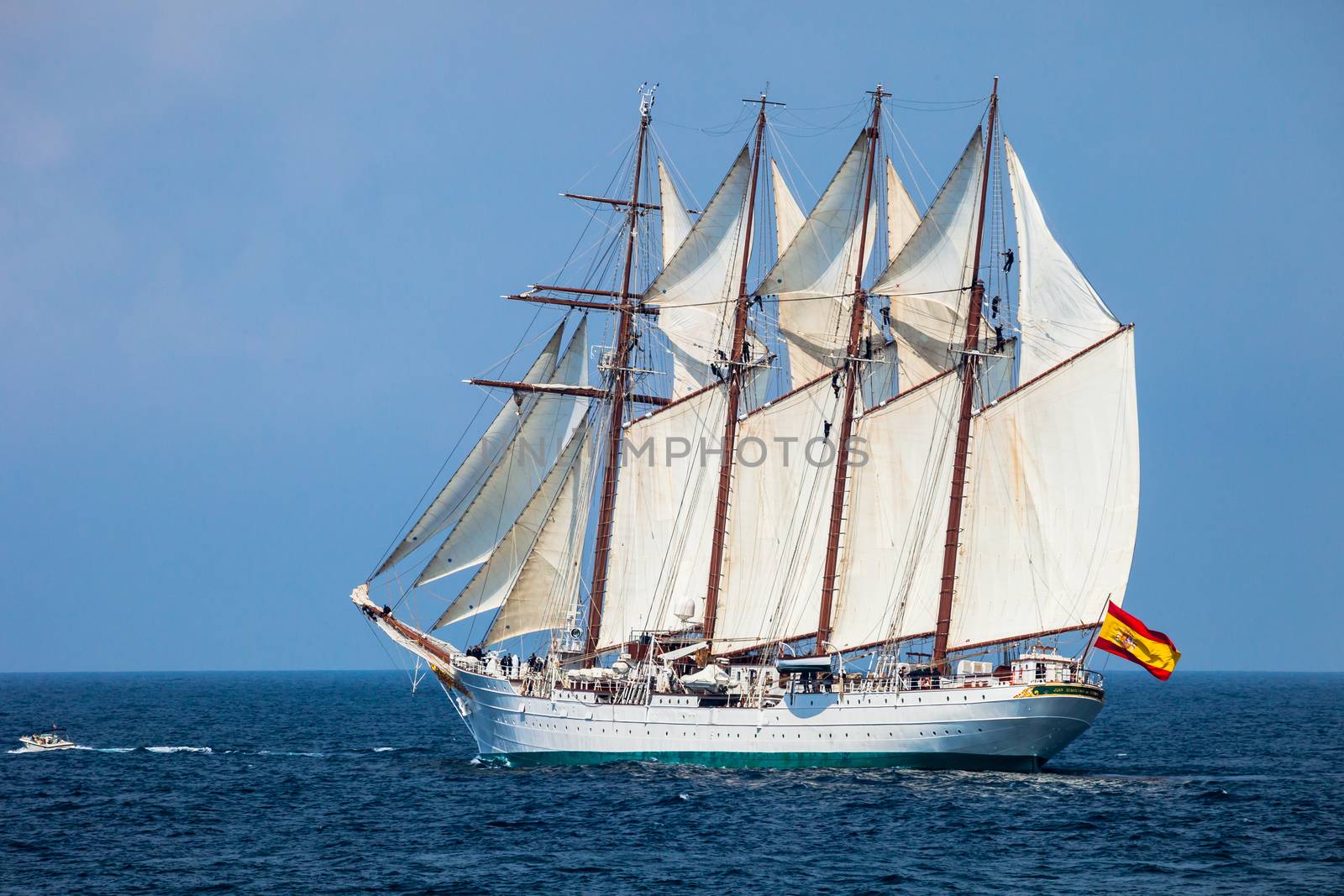 CADIZ, SPAIN - APR 01: Spanish Navy Training Ship, Juan Sebastian de Elcano setting sail on the 83rd cruise of instruction with 69 midshipmen on April 01 , 2012, in Cadiz , Spain