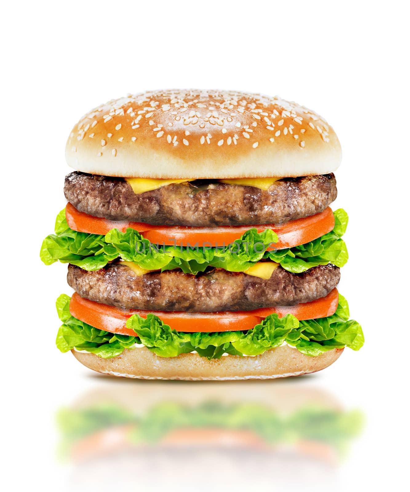 Delicious Big burger with beef, tomato, cheese and lettuce on white background with clipping path.