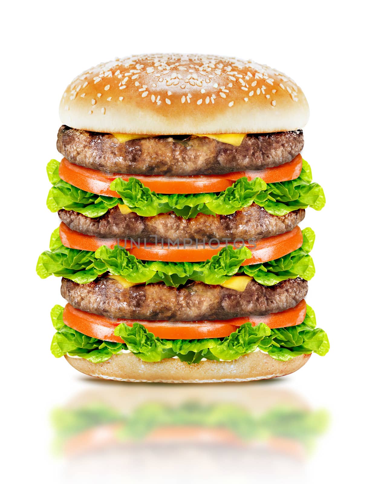 Delicious Big burger with beef, tomato, cheese and lettuce on white background with clipping path.