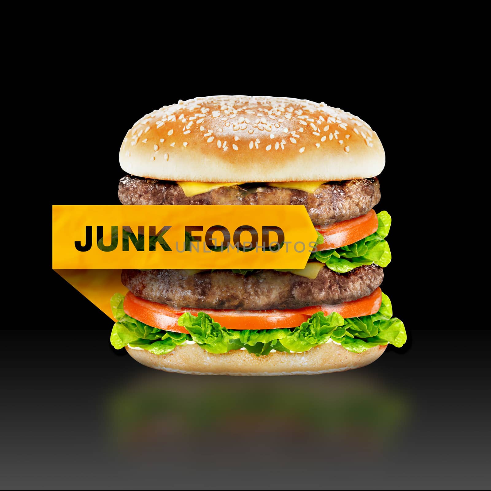Junk Food, burger with warning message on black background with clipping path.