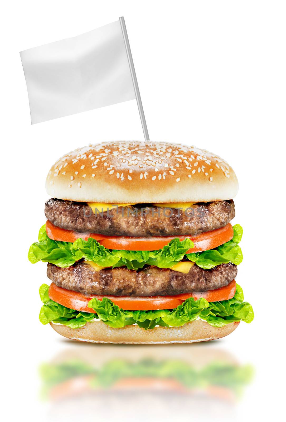 Delicious big burger with beef, tomato, cheese and lettuce with white flag on white background with clipping path.