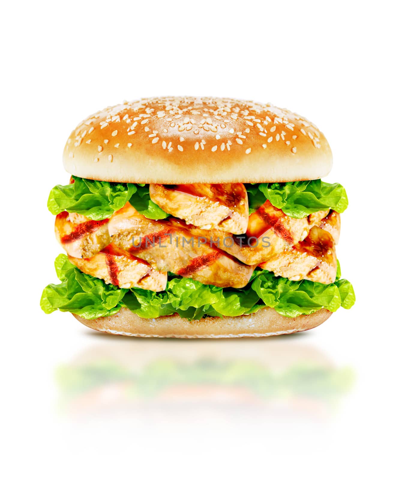 Delicious chicken burger with beef, tomato, cheese and lettuce on white background with clipping path.