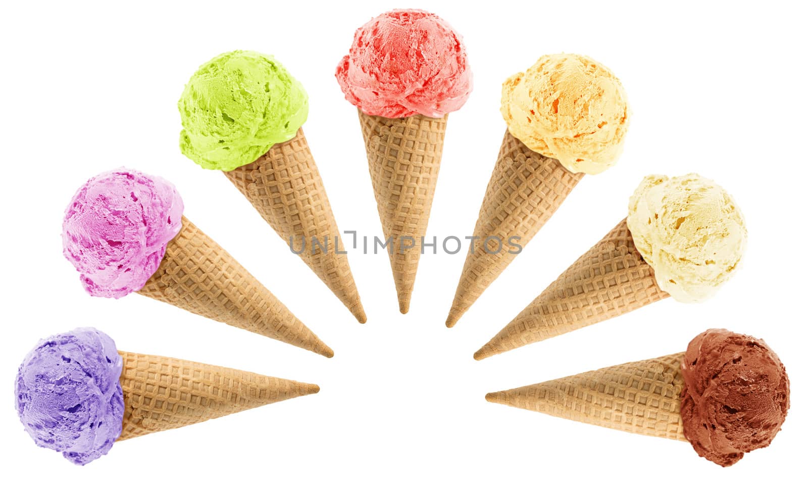 Set of colorful Ice cream with cone on white background with clipping path.