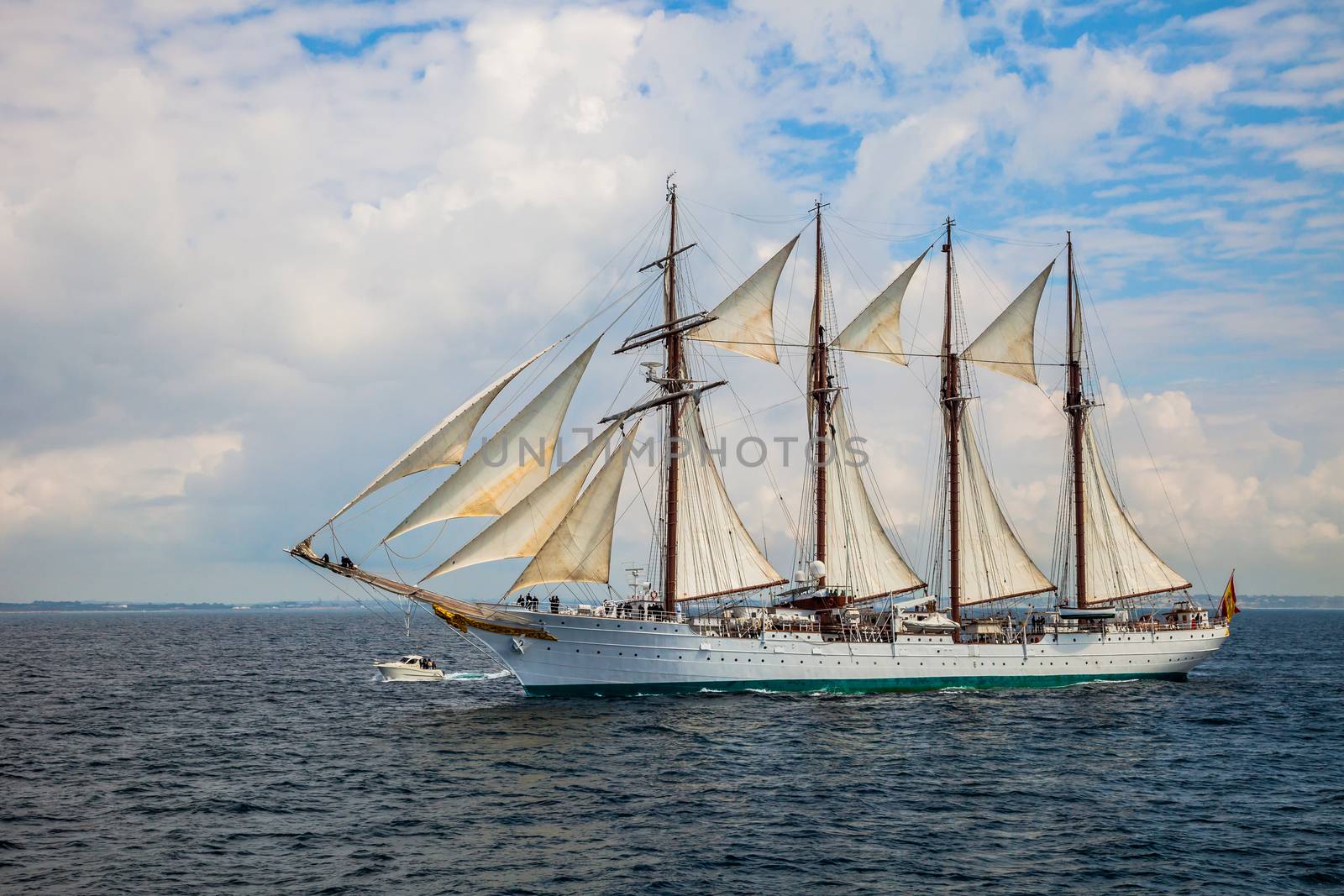 CADIZ, SPAIN - APR 01: Spanish Navy Training Ship, Juan Sebastian de Elcano setting sail on the 83rd cruise of instruction with 69 midshipmen on April 01 , 2012, in Cadiz , Spain