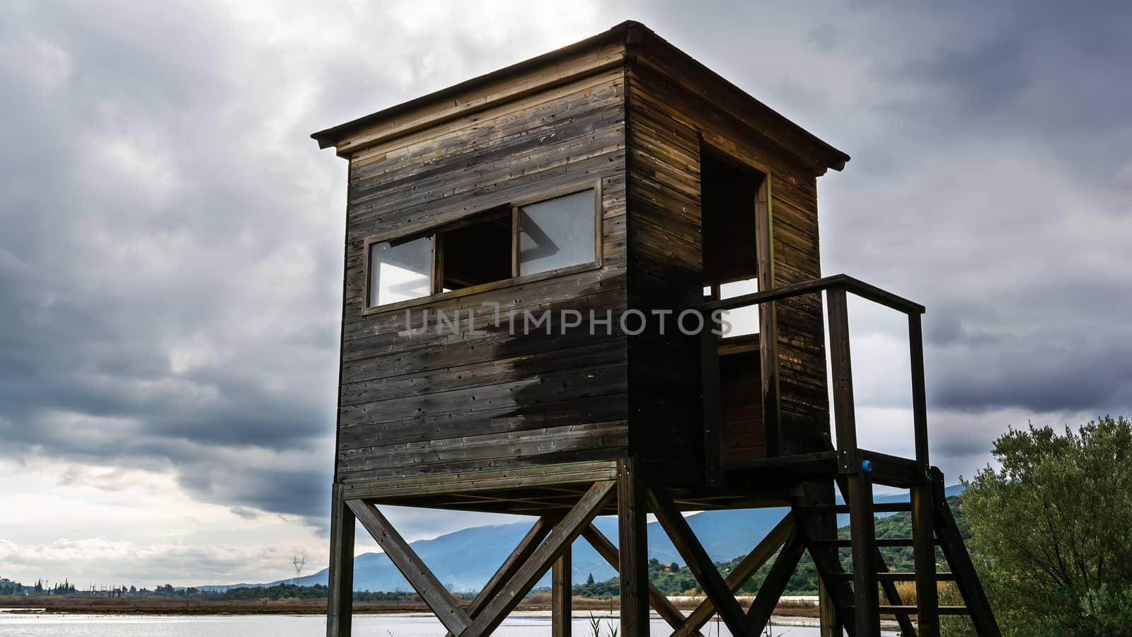 Monitoring point in the Psifta lake with dramatic sky