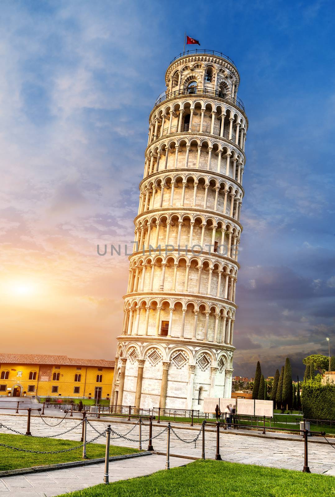 Pisa, place of miracles: the leaning tower and the cathedral baptistery, tuscany, Italy 