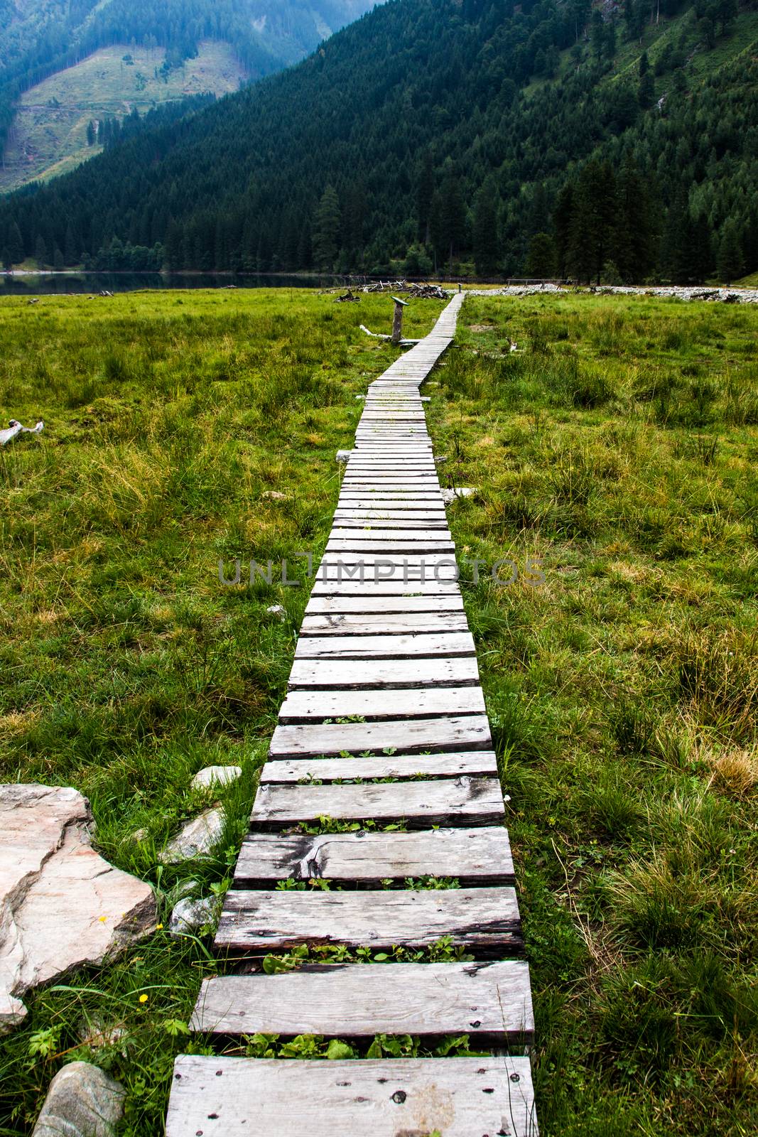 Wooden bridge in high Alps mountains Austria