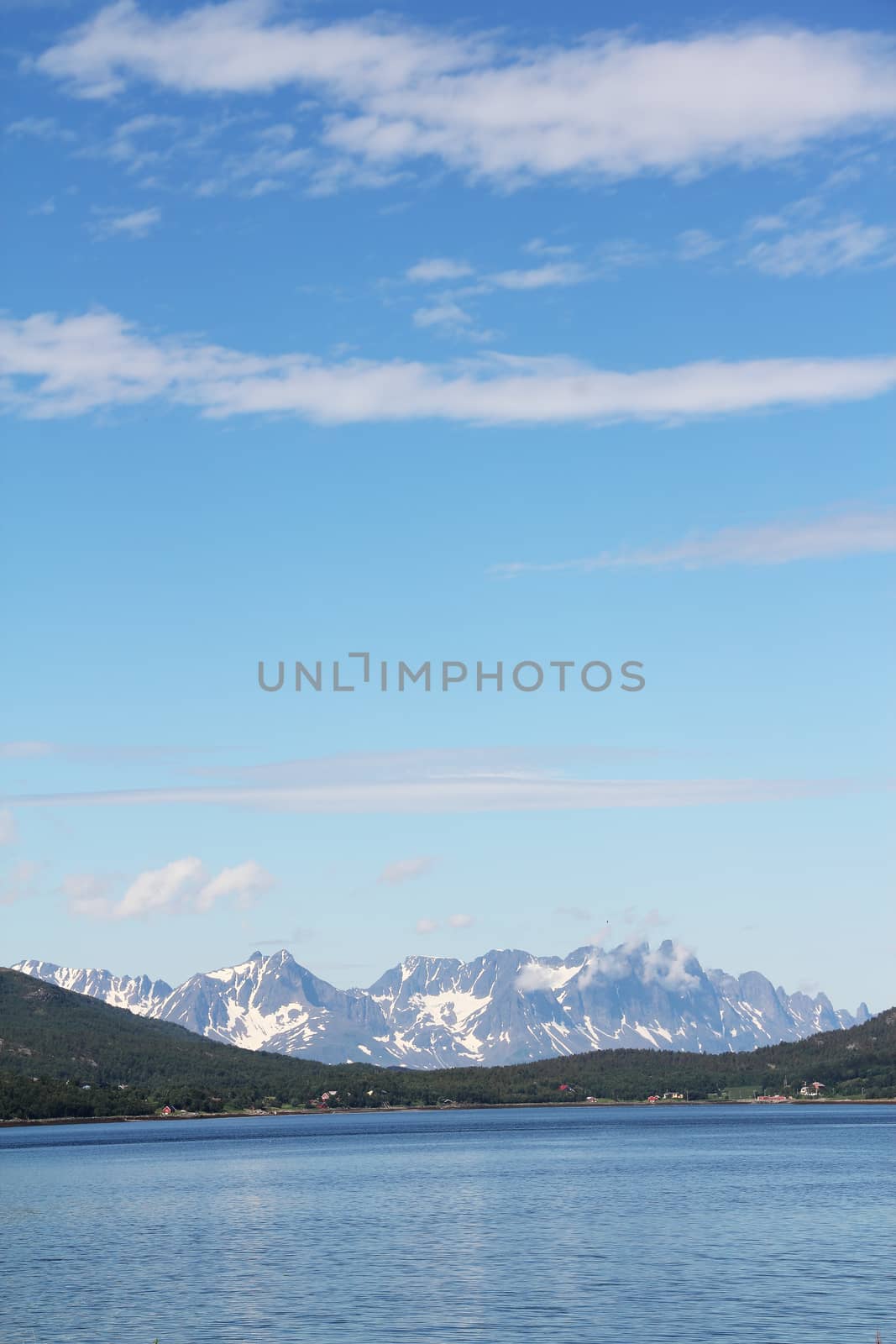 Scenic panorama of fjord and mountains in northern Norway