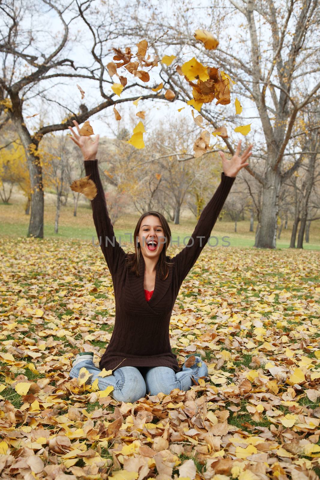 Girl playing in the leaves and throwing them in the air.