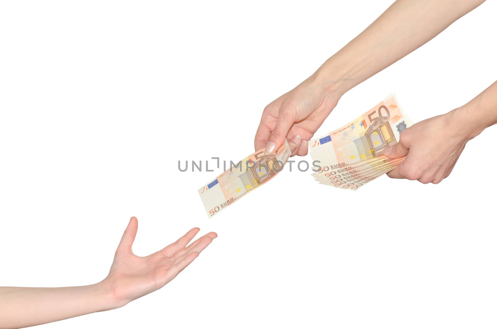 Mother gives to child kid pocket money for school hands with euro banknotes isolated on white