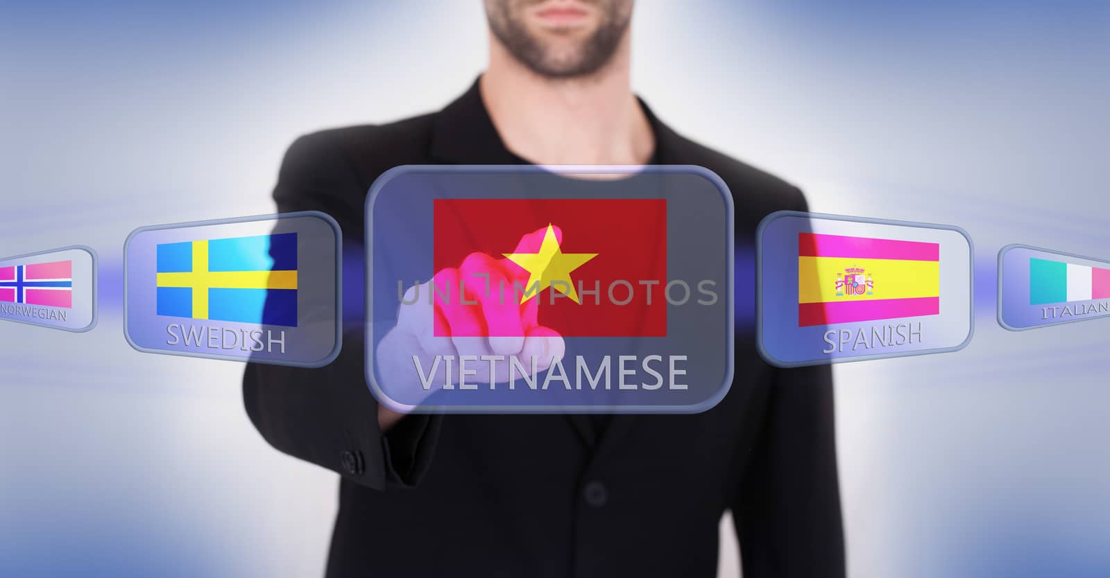 Hand pushing on a touch screen interface, choosing language or country, Vietnam