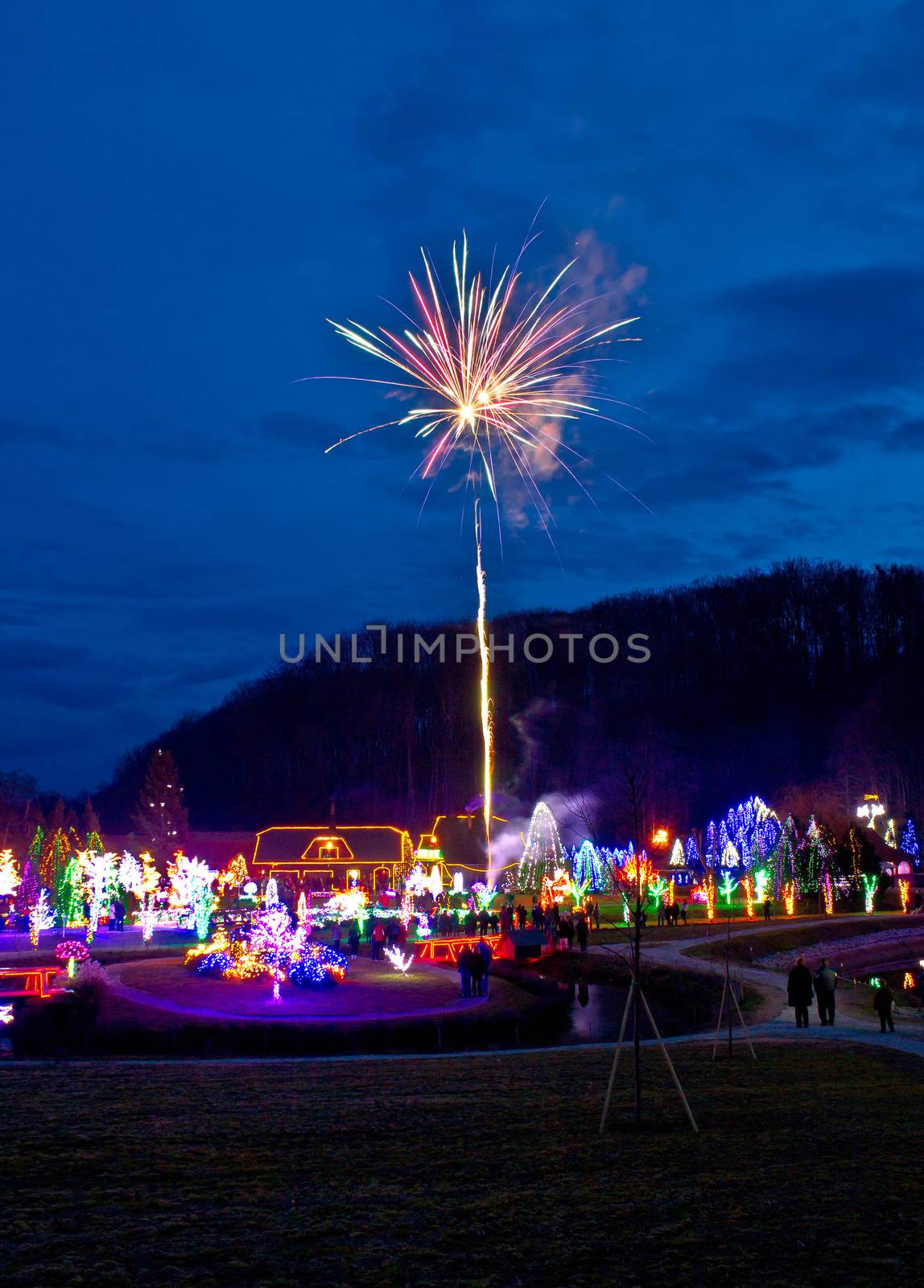 Village in Christmas lights fireworks, Croatia