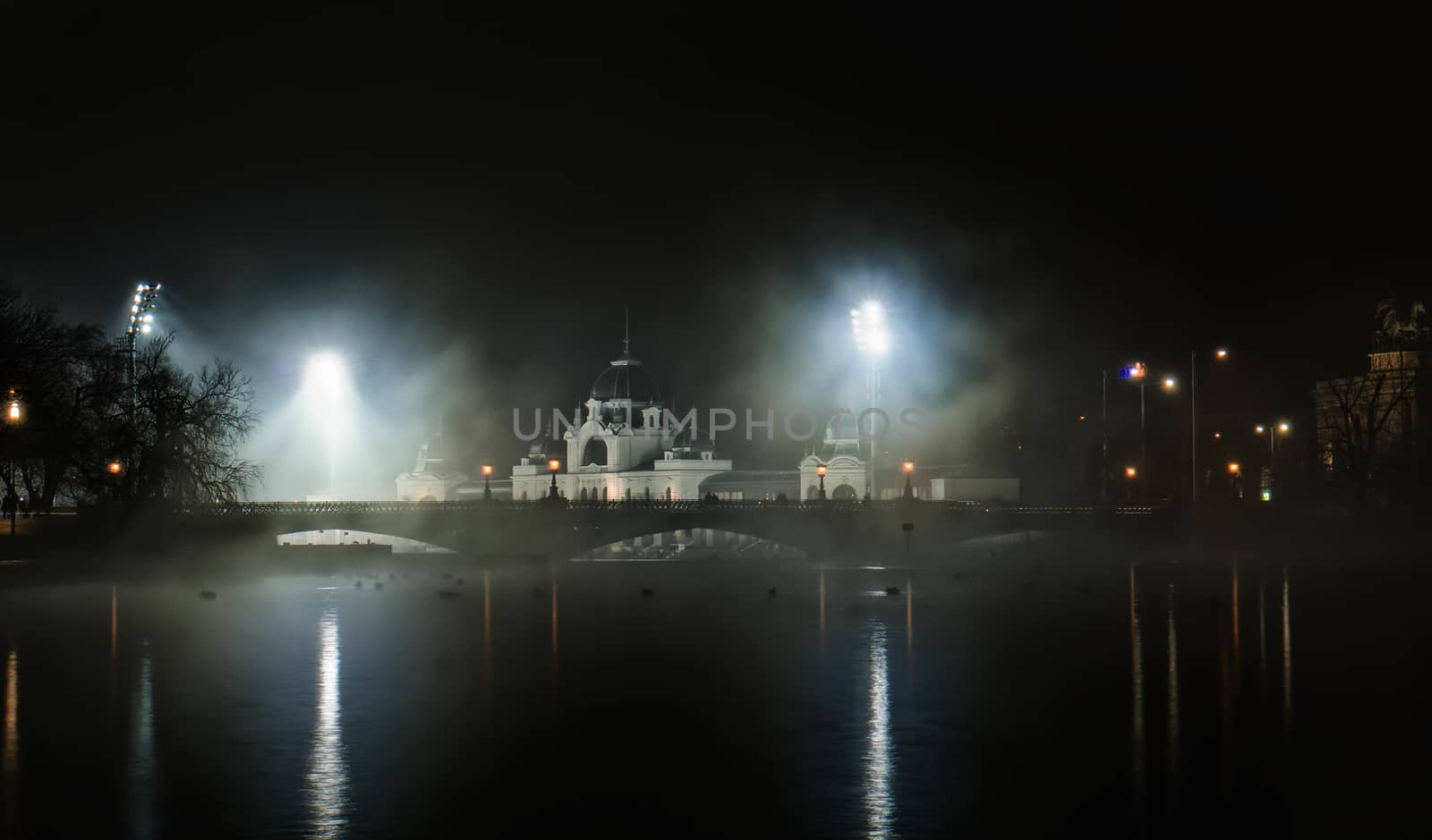 Fog obove the lake in front of a bridge in Budapest