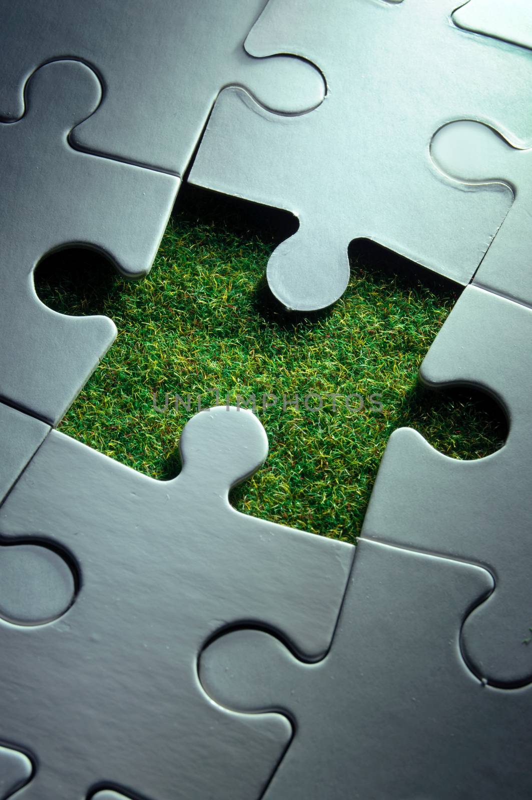 Jigsaw piece missing revealing green grass growth