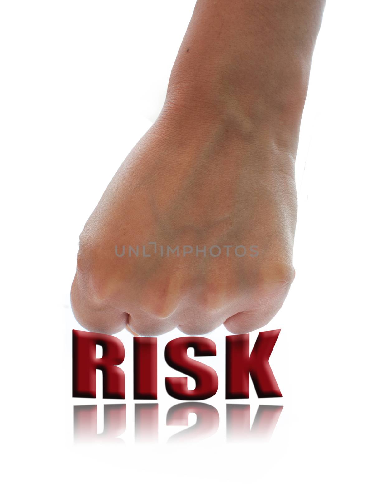 Hand fist pushing down the word risk 