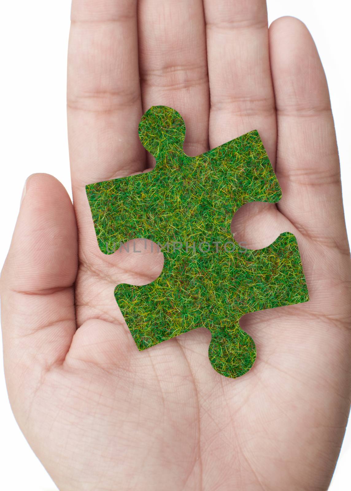 Hand holding a grass covered jigsaw puzzle piece 