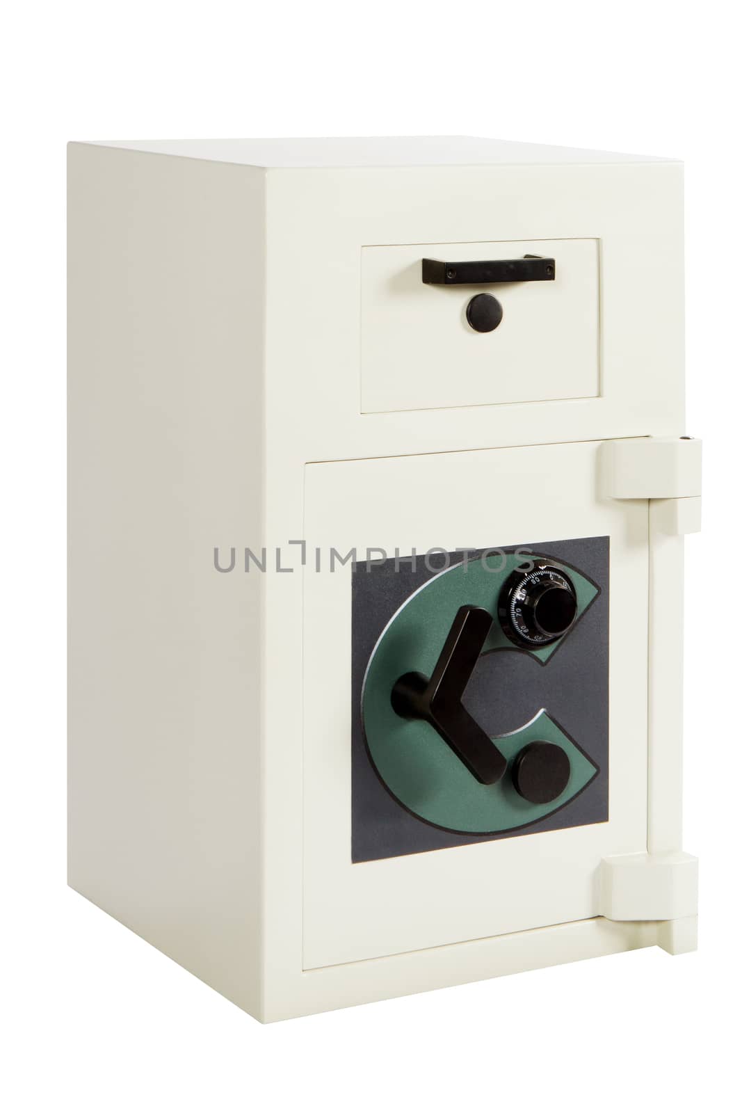 Locked closed grey safe on white,Used to store valuables