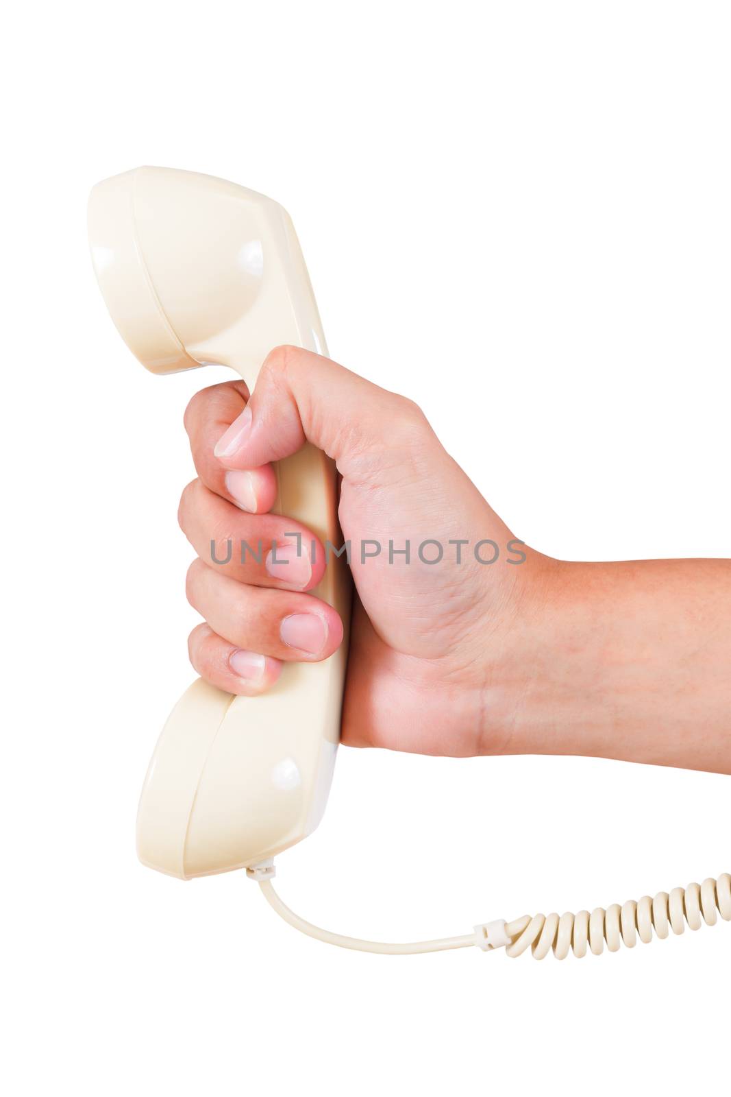 Retro rotary vintage telephone and hand on white background