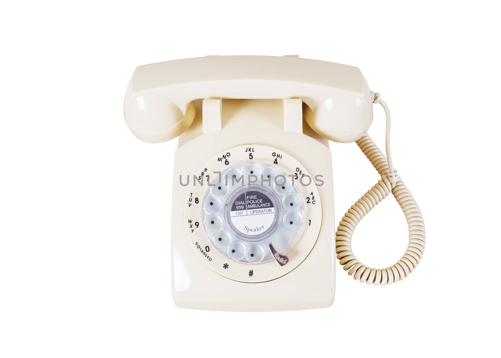 Retro rotary vintage telephone on white background