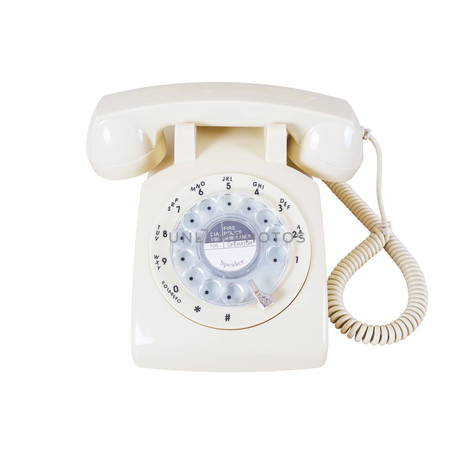 Retro rotary vintage telephone on white background