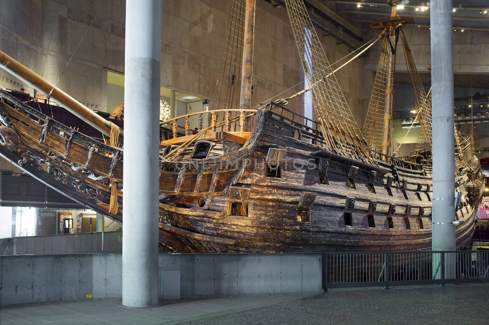 STOCKHOLM, SWEDEN – MAY 17, 2014: The Vasa Museum displays the only almost fully intact 17th century ship that has ever been salvaged, the 64-gun warship Vasa that sank on her maiden voyage in 1628.