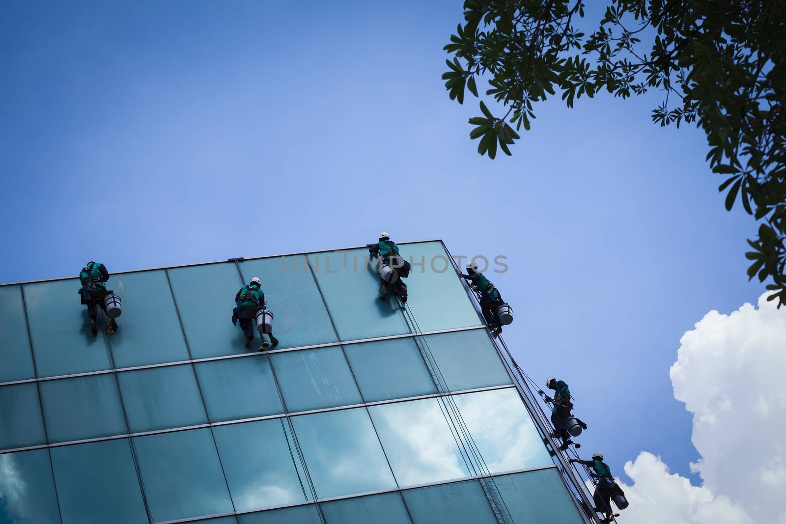 group of workers cleaning windows service on high rise building