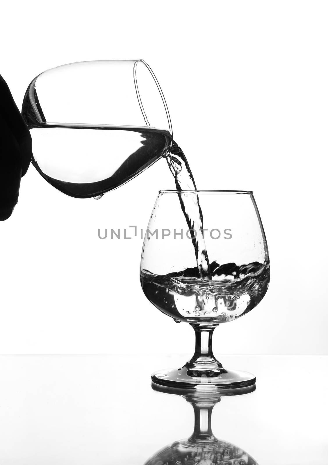 wine glass water pouring to wine glass with shadow (gray scale)