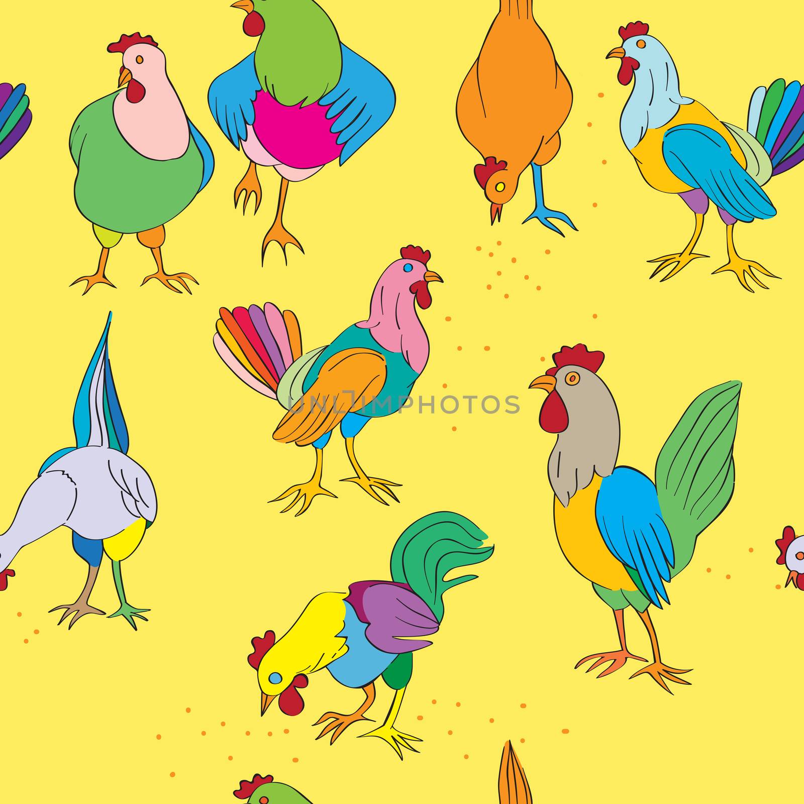 Hens and roosters seamless pattern, hand drawn illustration of colored farm birds on a yellow background
