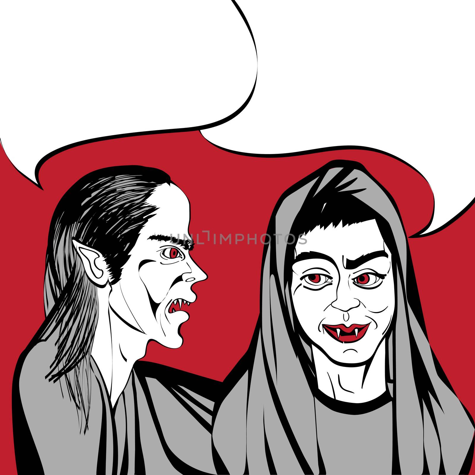 Hand drawn illustration of two vampires talking, funny pop art comic scene with speech bubble on a red background