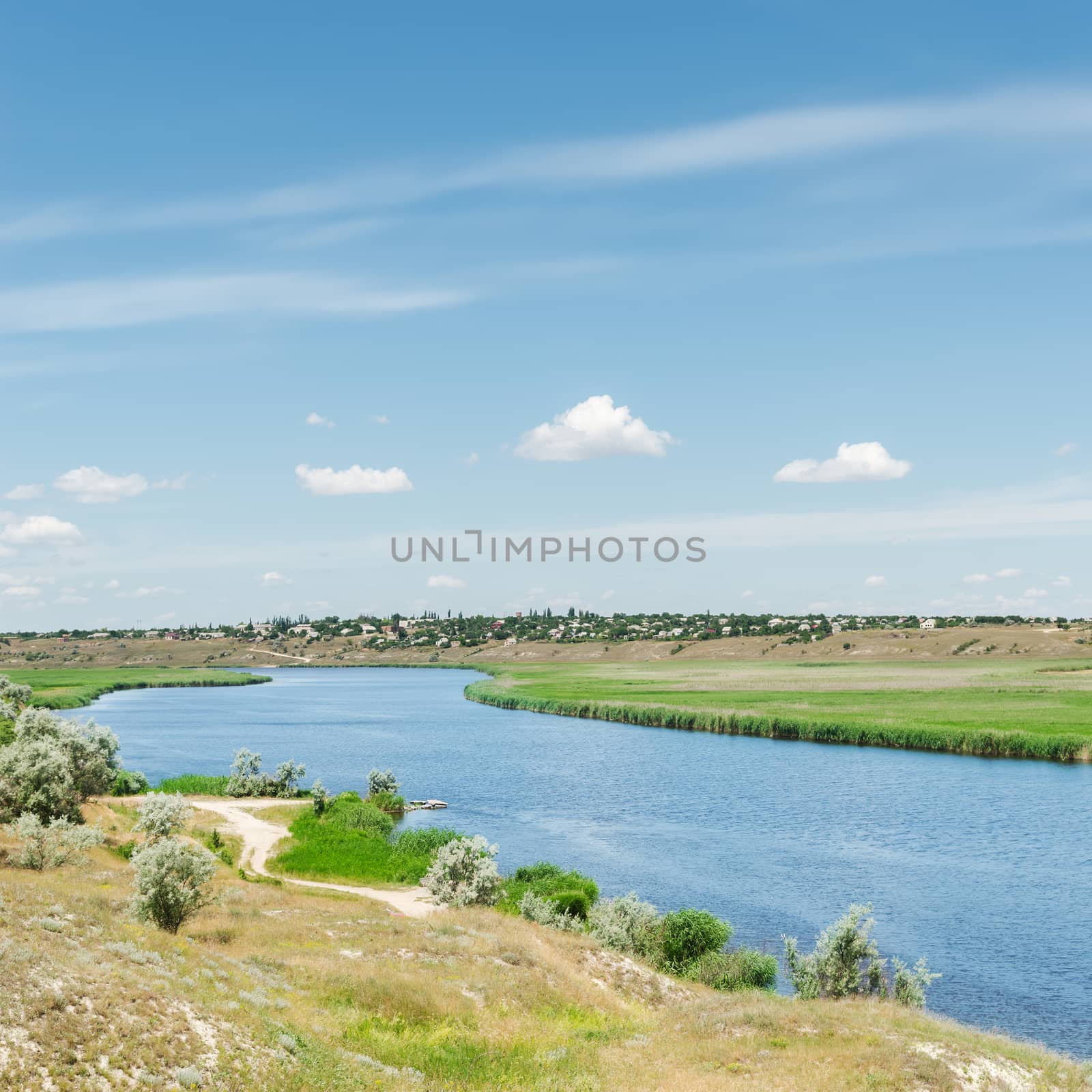 river under blue sky with clouds