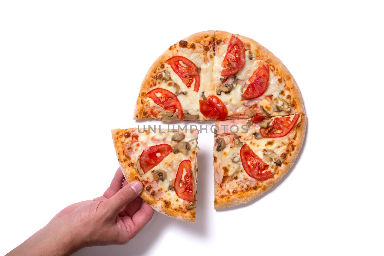 Male hand picking tasty slice, studio shot on white background with natural shadow 