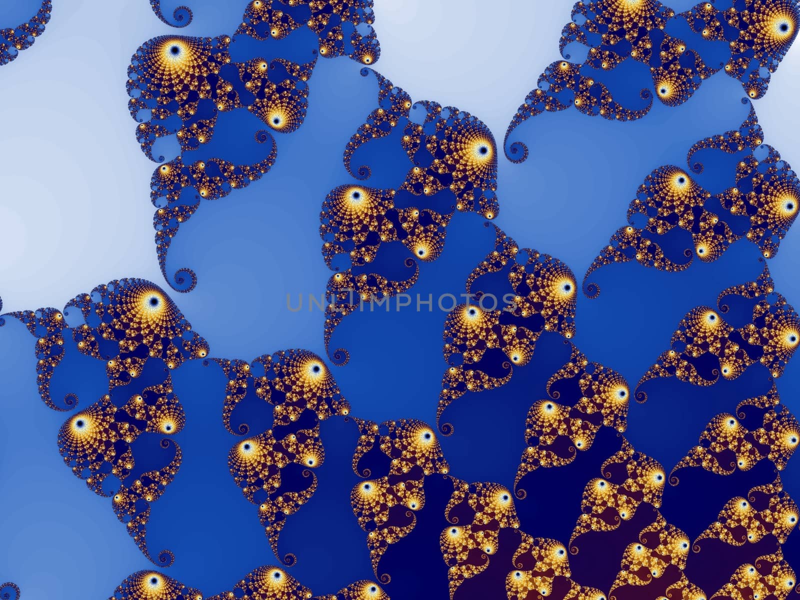 Digital computer graphic - rendering. Patterned fractal background with spirals in a blue colors for design.
