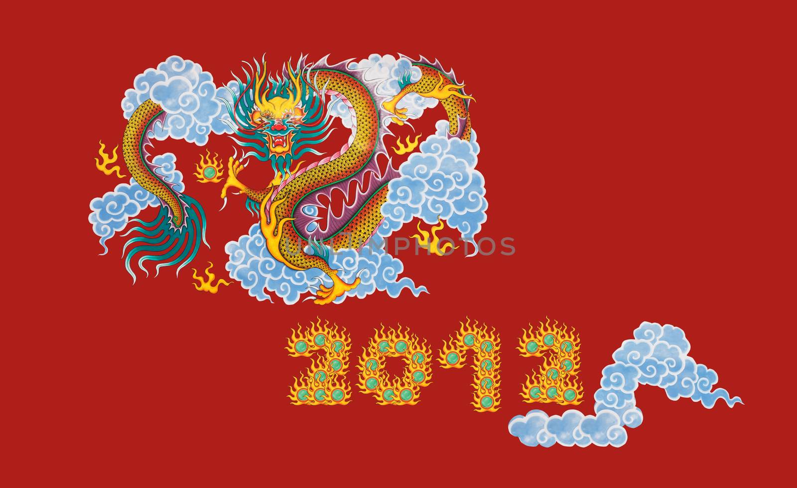 Colorful dragon painting in native Chinese style isolated and red number 2012 in dragon letters on red background 