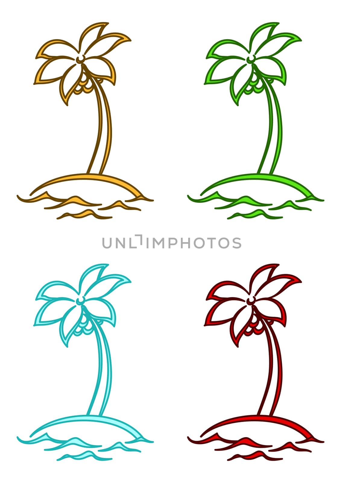 Set tropical sea islands with palm tree with leaves and coconuts isolated on white background.