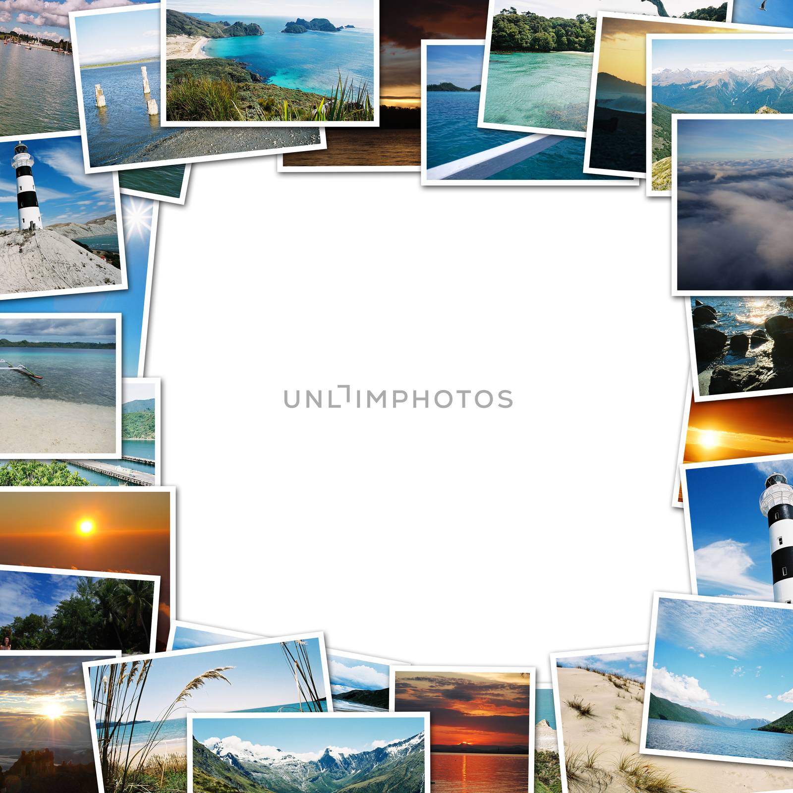 frame of travel photos on white background, with the scent of faraway places