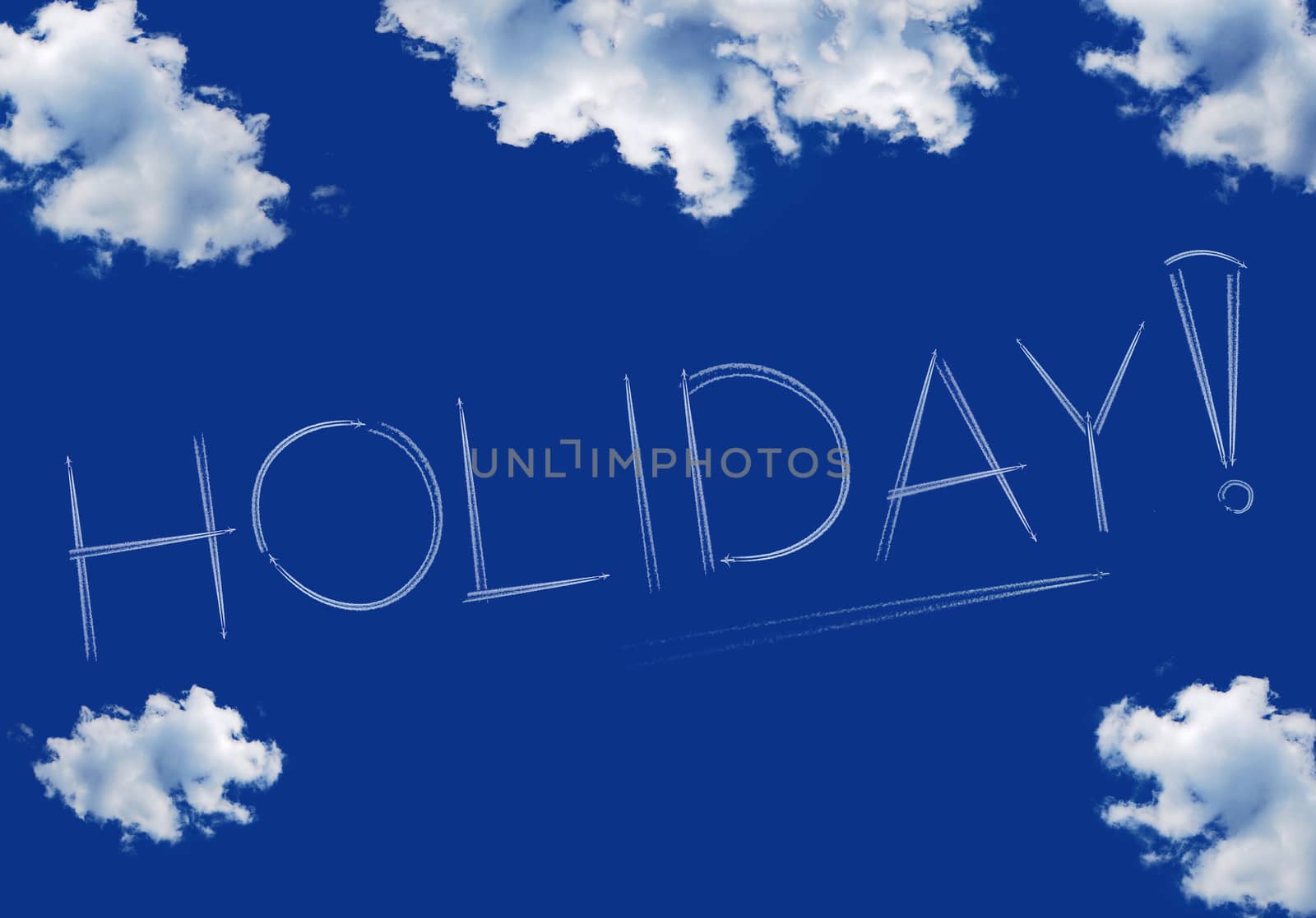 holiday inscription on a blue sky, line of aircraft