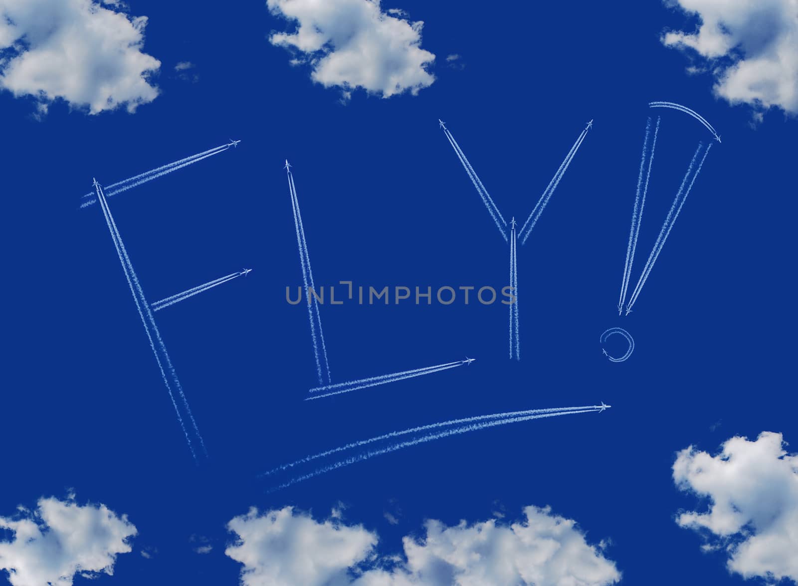 Fly inscription on a blue sky, line of aircraft
