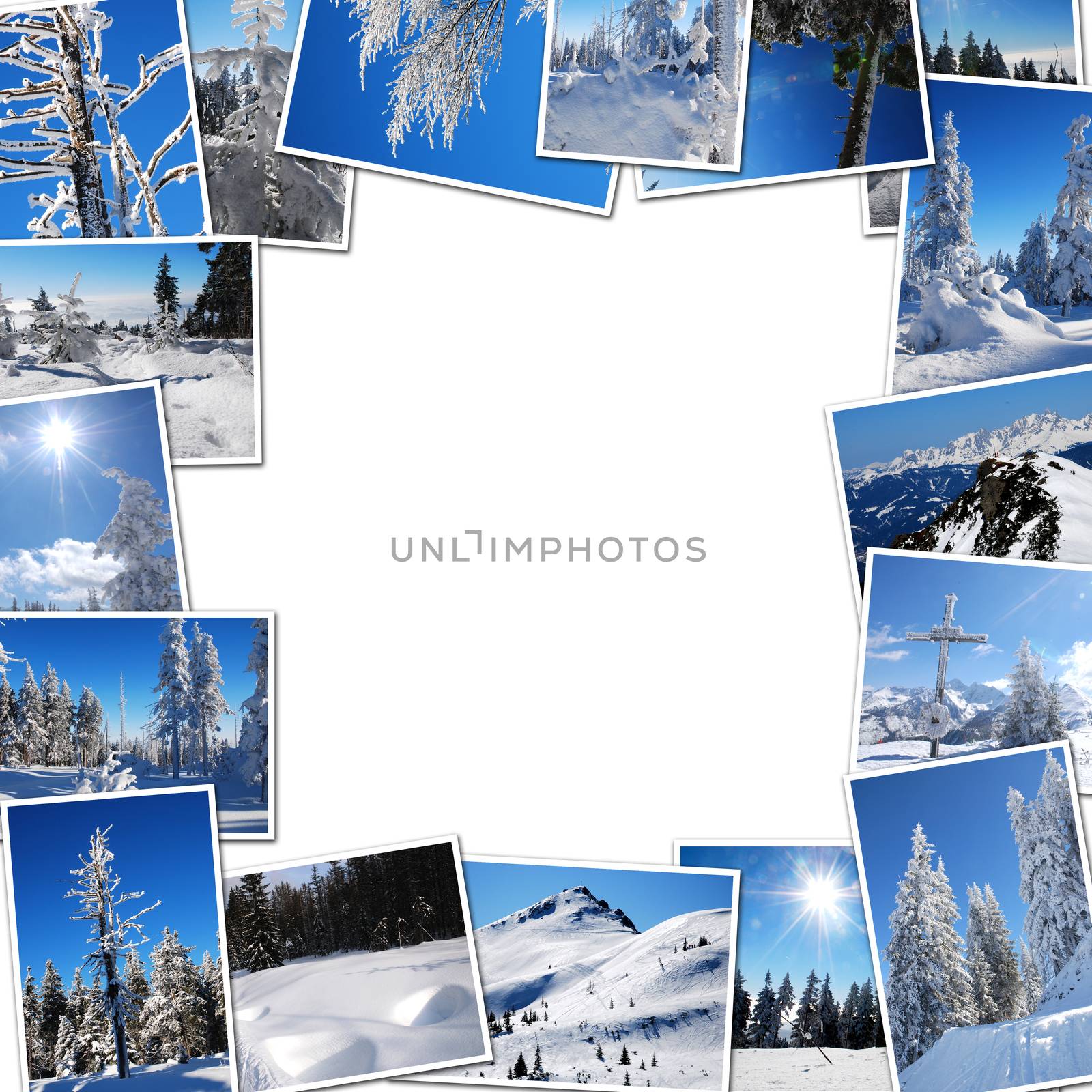 Frame photos of winter mountain on a white background