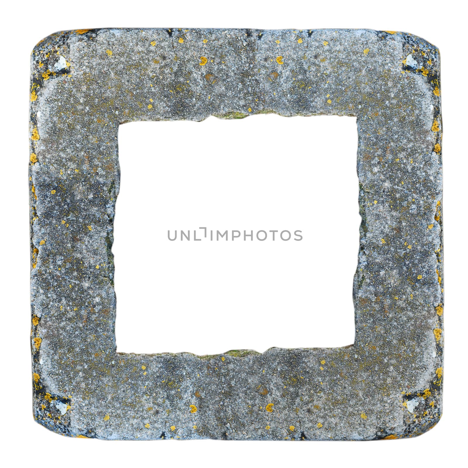 concrete stone frame, old and mossy, gray on white background